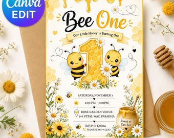 Modèle d'invitation de premier anniversaire modifiable abeille aquarelle 1er anniversaire d'invitation d'abeille fille garçon un modèle imprimable sur toile modifiable