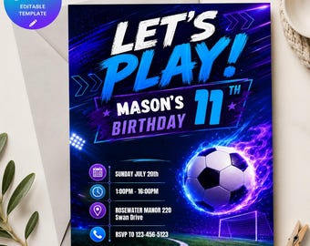 Modèle de toile d'Invitation d'anniversaire de football, invitation de fête de football de tout âge, invitation numérique modifiable d'anniversaire de sport pour garçons