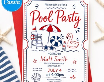 Editable Pool Party Invitation, Summer Birthday Invite Canva Template, Printable Digital Download, Swimming Pool Party Invite, Any Age