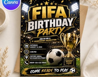 Invitation d'anniversaire de football inspirée de la FIFA, invitation de fête de football de coupe du monde de toile modifiable, modèle d'anniversaire de championnat