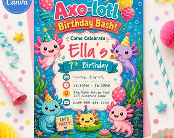 Axolotl Birthday Bash Invitation, Cute Underwater Party Invite, Editable Canva Template, Kids Digital Download