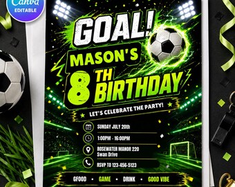 Soccer Birthday Invitation Canva Template, Any Age Neon Green Football Party Invite, Editable Digital Sports Invite