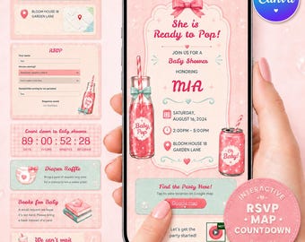 Invitation de site Web baby shower prête à éclater, baby shower fille, invitation numérique bébé fille soda rose, modèle de toile modifiable, RSVP en ligne