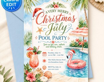 Christmas in July Pool Party Invitation Template, Watercolor Tropical Holiday Invite, Summer Christmas Party, Editable Canva