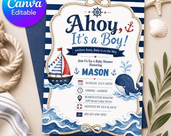 Invitation modifiable de baby shower nautique, Ahoy c'est une invitation de voilier de garçon, douche de garçon de baleine d'océan, modèle modifiable d'invitation de toile