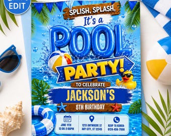 Pool Party Birthday Invitation Template, Blue Splash Kids Invite, Summer Pool Birthday, Rubber Duck, Editable Canva