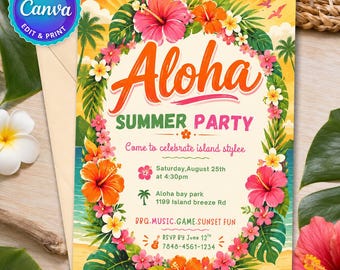 Invitation de fête d'été Aloha modifiable, invitation hawaïenne tropicale de Luau, fête d'hibiscus sur la plage au coucher du soleil, modèle de toile modifiable