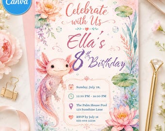 Watercolor Axolotl Birthday Invitation, Lily Pond Party Invite, Editable Canva Template, Cute Girl Birthday Digital Download