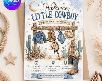 Little Cowboy Baby Shower Invitation, Editable Canva Western Baby Shower Invite, Blue Cowboy Baby Boy Shower Digital Template