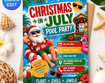Christmas in July Pool Party Invitation Template, Tropical Santa Summer Christmas Invite, Holiday Pool Party, Editable Canva