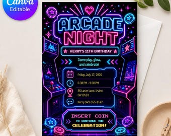 Faire-part d'anniversaire arcade néon pour tous les âges, invitation à une fête de jeu vidéo phosphorescente pour garçons, modèle de toile modifiable nuit d'arcade, téléchargement immédiat