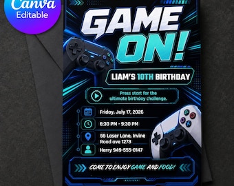 Faire-part d'anniversaire jeu vidéo modifiable, invitation à une fête Game On Gamer pour garçons, niveau de jeu bleu néon pour tous les âges, modèle de toile modifiable