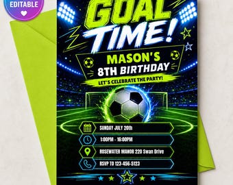 Goal Time Soccer Birthday Invitation Canva Template, Any Age Neon Football Party Digital Editable Invite