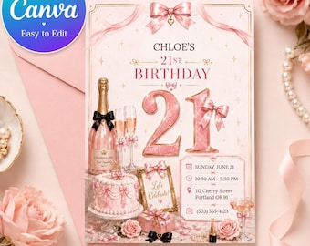 Faire-part 21e anniversaire modifiable pour elle, invitation à une fête avec noeud de champagne rose, élégant or rose blush permet de célébrer, modèle de toile modifiable