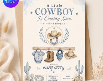 Cowboy Baby Shower Invitation | Little Cowboy Is Coming Soon | Western Boy Baby Shower Invite | Editable Canva Template | Digital Download