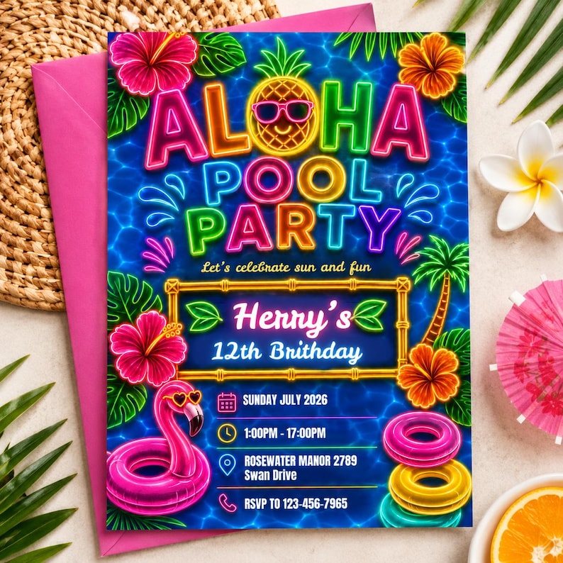 Aloha Pool Party Birthday Invitation Template, Neon Tropical Summer ...