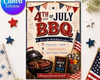 Invitation barbecue du 4 juillet | Invitation patriotique de partie de barbecue | Barbecue du jour de l'indépendance | Modèle de toile modifiable
