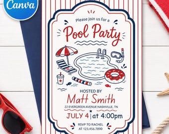 Editable Pool Party Invitation Canva Template, Red Blue Striped Summer Birthday Invite, Swimming Party Digital Download