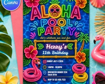 Neon Aloha Pool Party Invitation, Tropical Luau Birthday Invite, Editable Canva Template, Summer Digital Download