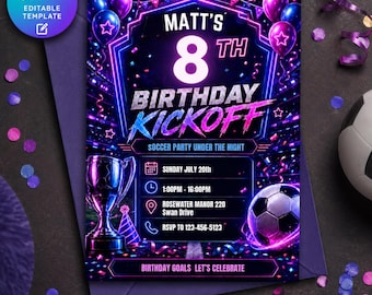 Modèle de toile d'Invitation d'anniversaire de football violet rose, invitation numérique modifiable pour fête de football de coup d'envoi néon