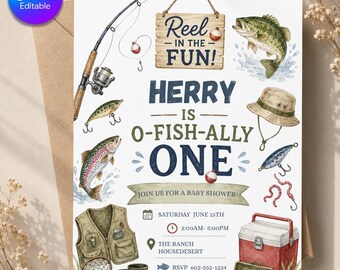 O-Fish-Ally One First Birthday Invite | Reel In The Fun Fishing Party | Boy 1st Birthday Canva Template | Digital Download