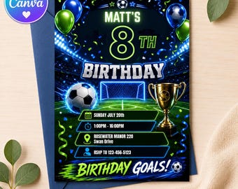 Green Soccer Birthday Invitation Canva Template, Boys Football Party Invite, Trophy Sports Birthday Digital Invite