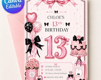 Faire-part 13e anniversaire modifiable pour fille, invitation à une fête coquette avec noeud rose et noir, fête officielle en montgolfière rose pour adolescent, toile modifiable
