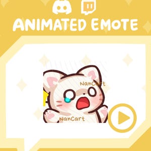 Puede incluir: Emoticono animado con un gato blanco con orejas y patas rosas, llorando con una lágrima turquesa. El gato tiene una expresión de sorpresa con la boca roja abierta. El texto "Animated Emote" está encima del gato, con el nombre "NanCart".