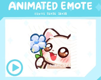 Emote animado de gato chibi con flor azul / Uso en Twitch y Discord / Gato kawaii blanco lindo y adorable admirando