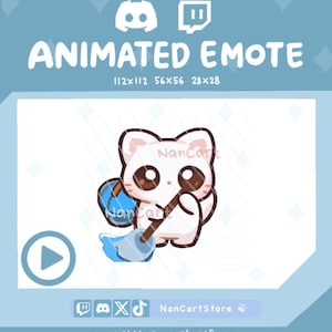 May include: An animated emote featuring a white cat character holding a blue mop with a brown handle. The text reads ANIMATED EMOTE, 112x112, 56x56, 28x28, NanCart, NanCartStore, and nancartstore.myshopify.com, with Discord, Twitch, X, and TikTok icons.