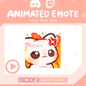 Puede incluir: Un emote digital animado que muestra un personaje de gato blanco con ojos grandes y oscuros y un símbolo de enojo rojo en la frente, rodeado de llamas naranjas y amarillas. El texto dice ANIMATED EMOTE, 112x112, 56x56, 28x28, NanCart y NanCartStore.