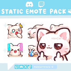 Op de afbeelding: Een digitaal statisch emote-pakket met vijf illustraties van witte katten met verschillende uitdrukkingen. De emotes bevatten een gapende kat, een slapende kat, een kat met twee lichtgevende stokjes, een huilende kat en een kat die een onbeleefd gebaar maakt.