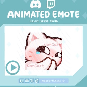Puede incluir: Un emote animado que muestra un gato blanco con detalles en rosa y una lágrima azul. El texto "NanCart" aparece dos veces en la imagen. El fondo incluye "ANIMATED EMOTE", "112x112 56x56 28x28", "NanCartStore" y "nancartstore.myshopify.com".