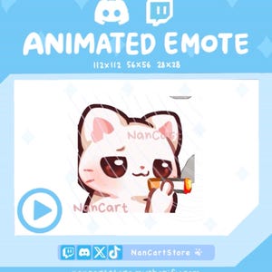 Puede incluir: Un emote digital animado que muestra un gato blanco con grandes ojos marrones sosteniendo un cigarrillo encendido. El gráfico incluye el texto "ANIMATED EMOTE" y las dimensiones "112x112 56x56 28x28" arriba, con "NanCartStore" e iconos de redes sociales abajo.