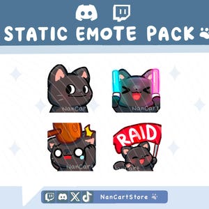 Può includere: Un pacchetto di emote statiche digitali con quattro illustrazioni di gatti neri. Un gatto sorride, uno tiene bastoncini luminosi blu e rosa, uno è colpito da un martello di legno e uno tiene una bandiera rossa con il testo RAID. Intestazione: STATIC EMOTE PACK.