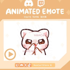 May include: An animated emote featuring a white cat character with dark brown outlines, expressive eyes, and a small tongue sticking out. The cat is shown from the chest up, with paws raised near its face. Text includes ANIMATED EMOTE, 112x112, 56x56, 28x28, NanCart, NanCartStore, and nancartstore.myshopify.com.