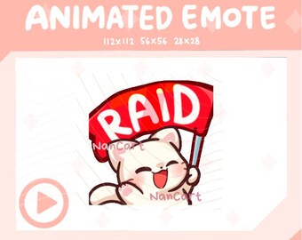 Alerta de emoticono animado RAID / Transmisión en Twitch y Discord / Gato chibi blanco ondeando la bandera
