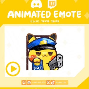 Puede incluir: Un emote digital animado que muestra un personaje amarillo con una gorra de policía azul y una insignia dorada. El personaje sostiene un letrero azul con el texto blanco FBI y apunta con una pistola gris hacia adelante. El diseño incluye un marco de silla marrón.