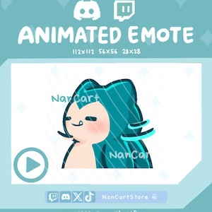 May include: An animated digital emote featuring a teal and cream-colored creature with closed eyes and a small smile. The text reads ANIMATED EMOTE, 112x112, 56x56, 28x28, NanCart, NanCartStore, and nancartstore.myshopify.com with Discord and Twitch icons.