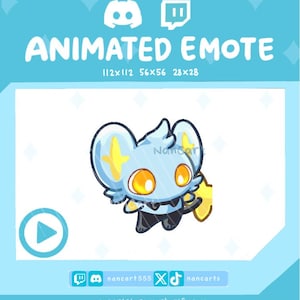 Puede incluir: Un emote animado que muestra una criatura de color azul claro similar a un ratón con grandes ojos naranjas, marcas de estrellas amarillas en las orejas y una cola en forma de estrella. Incluye el texto ANIMATED EMOTE, 112x112 56x56 28x28 y nancartstore.myshopify.com.