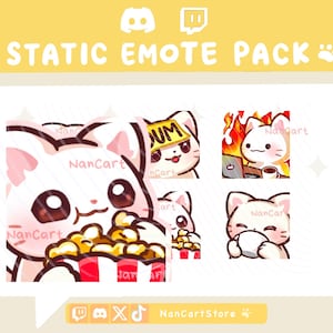 Può includere: Un pacchetto di emote statiche digitali con un personaggio gatto bianco in varie espressioni. Il gatto è raffigurato mentre mangia popcorn, indossa un cartello con scritto DUM, lavora al computer con fiamme sullo sfondo e tiene una tazza bianca.