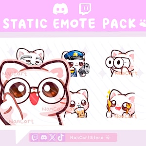 Könnte beinhalten: Ein digitales Sticker-Set mit weißen Katzenfiguren in verschiedenen Ausdrücken und mit Zubehör wie Brillen, einer Polizeimütze mit FBI-Abzeichen, einem Fernglas, einem Bubble Tea und Besteck, beschriftet mit dem Text STATIC EMOTE PACK.
