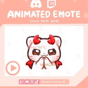 May include: An animated emote featuring a white cat character with red devil horns and a red cape. The cat has dark eyes and is holding its paws together in front of its face. The text reads ANIMATED EMOTE, 112x112, 56x56, 28x28, NanCart, and NanCartStore.
