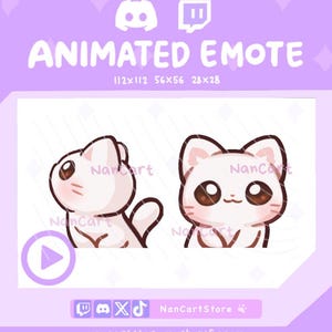 Könnte beinhalten: Zwei digitale animierte Emotes, die eine weiße Katze mit großen braunen Augen und rosa Akzenten zeigen. Der Text lautet ANIMATED EMOTE, 112x112, 56x56, 28x28, NanCart, NanCartStore und nancartstore.myshopify.com, mit Discord-, Twitch-, X- und TikTok-Symbolen.