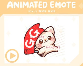 Alerta de emoticono animado de bandera GG / Transmisión en Twitch y Discord / Gato chibi blanco ondeando la bandera