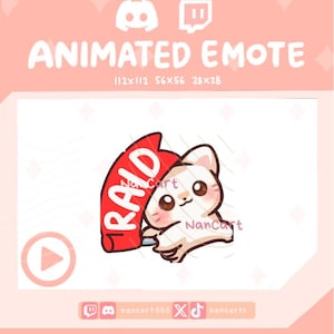 May include: An animated digital emote featuring a white cat character holding a large red sign with the white text RAID. The graphic includes labels for sizes 112x112, 56x56, and 28x28 pixels, along with social media icons and the text NanCart.