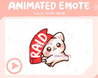 Alerta de emoticono animado de bandera RAID / Transmisión en Twitch y Discord / Gato chibi blanco ondeando la bandera