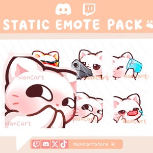Könnte beinhalten: Ein digitales statisches Emote-Paket mit sechs Illustrationen weißer Katzen mit rosa Akzenten. Die Emotes zeigen eine Katze mit Sonnenbrille, eine Katze mit einer Pistole, eine Katze, die aus einem blauen Becher trinkt, eine weinende Katze.