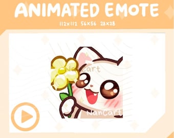Emote animado de gato chibi con flor amarilla / Uso en Twitch y Discord / Gato kawaii blanco, lindo y adorable