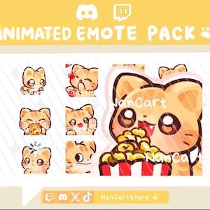 Könnte beinhalten: Eine digitale Sammlung animierter Emotes mit einer orangefarbenen, getigerten Zeichentrickkatze in verschiedenen Posen, darunter beim Popcorn-Essen, Winken und Halten eines Burgers. Der Text ANIMATED EMOTE PACK und NanCartStore sind auf dem gelben Hintergrund sichtbar.
